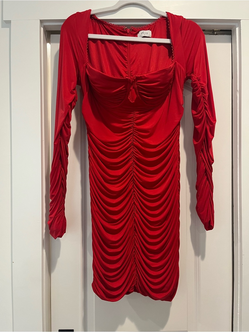 Oh Polly red ruched long sleeve mini dress with underwire